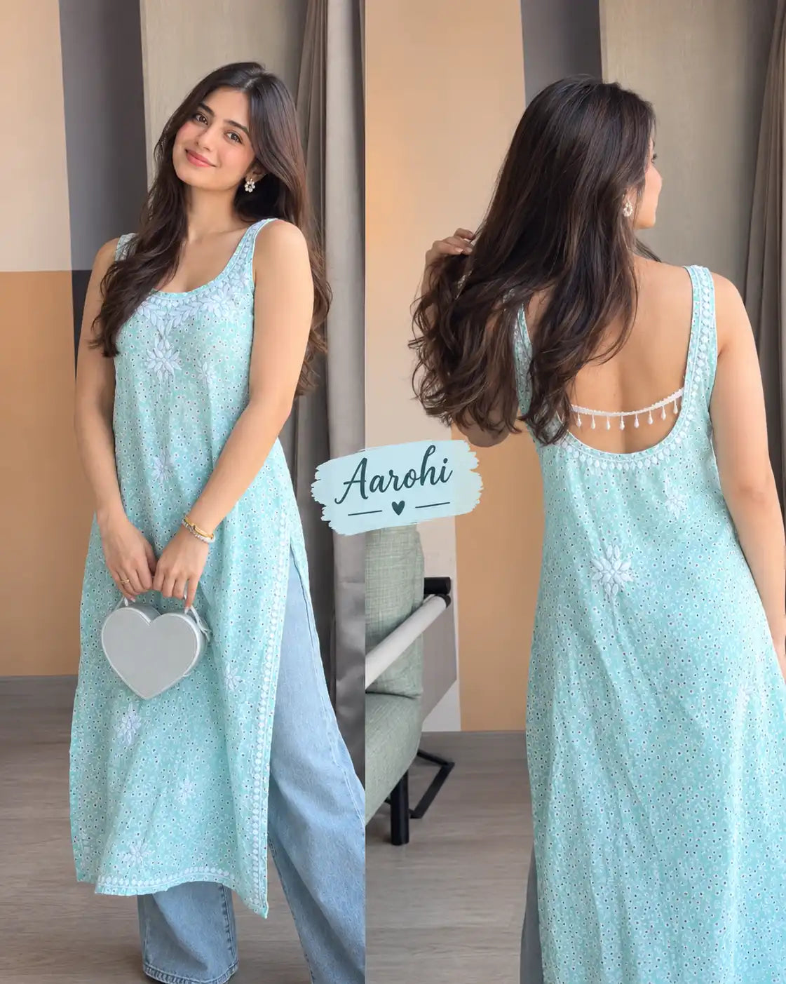 Aarohi Pure Mul Cotton Noodles Strap Chikankari Kurta - Blue