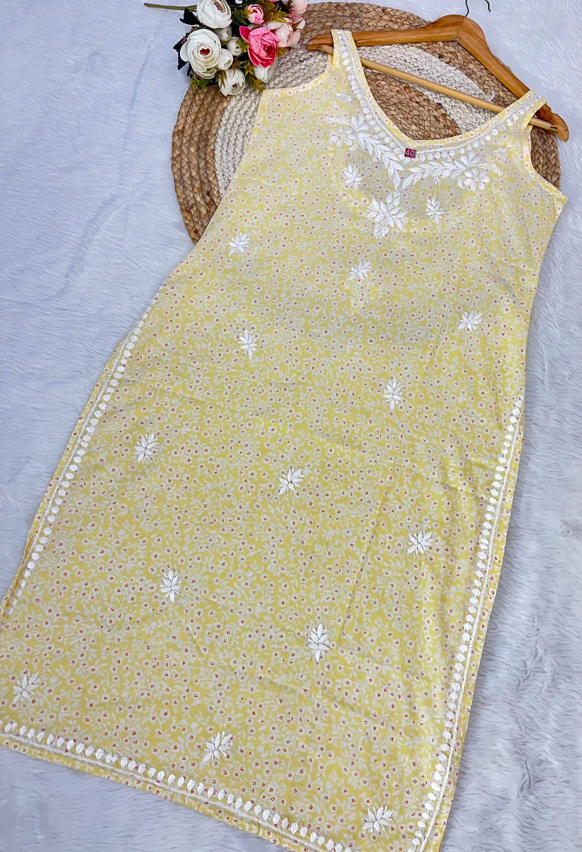 Aarohi Pure Mul Cotton Noodles Strap Chikankari Kurta - Yellow