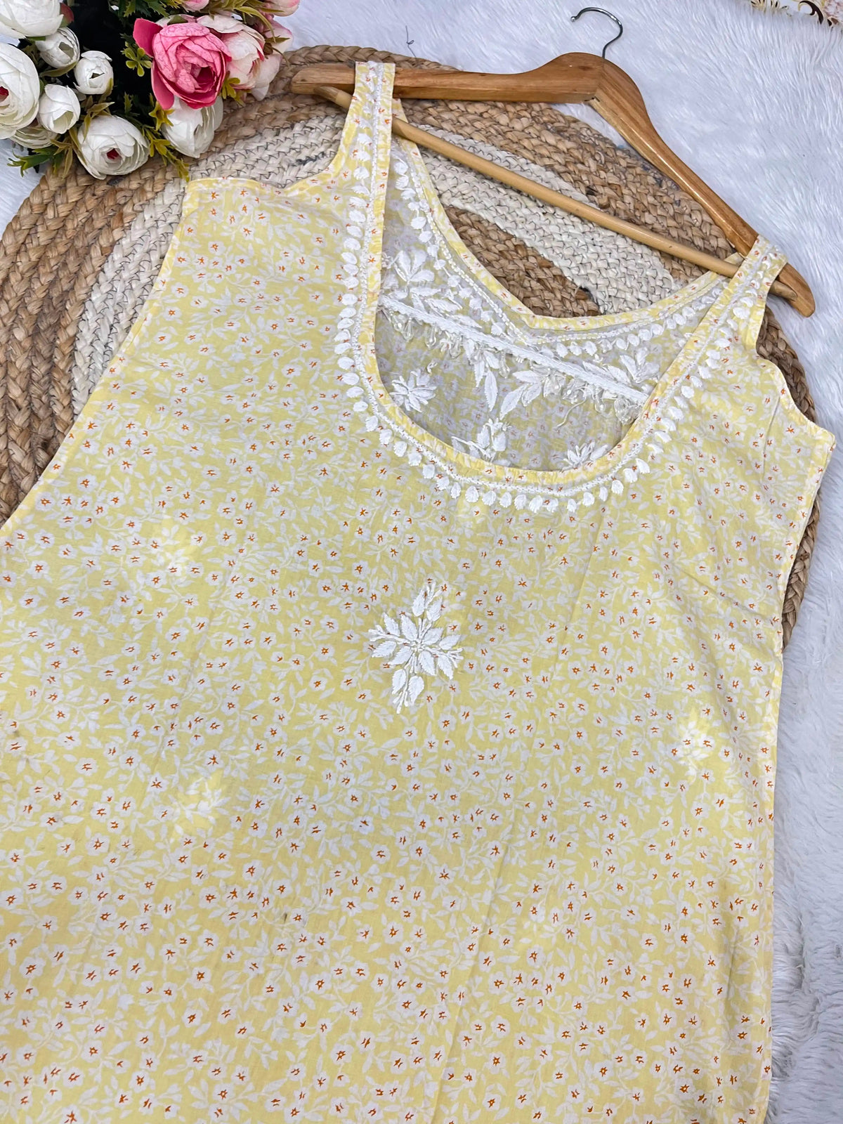 Aarohi Pure Mul Cotton Noodles Strap Chikankari Kurta - Yellow