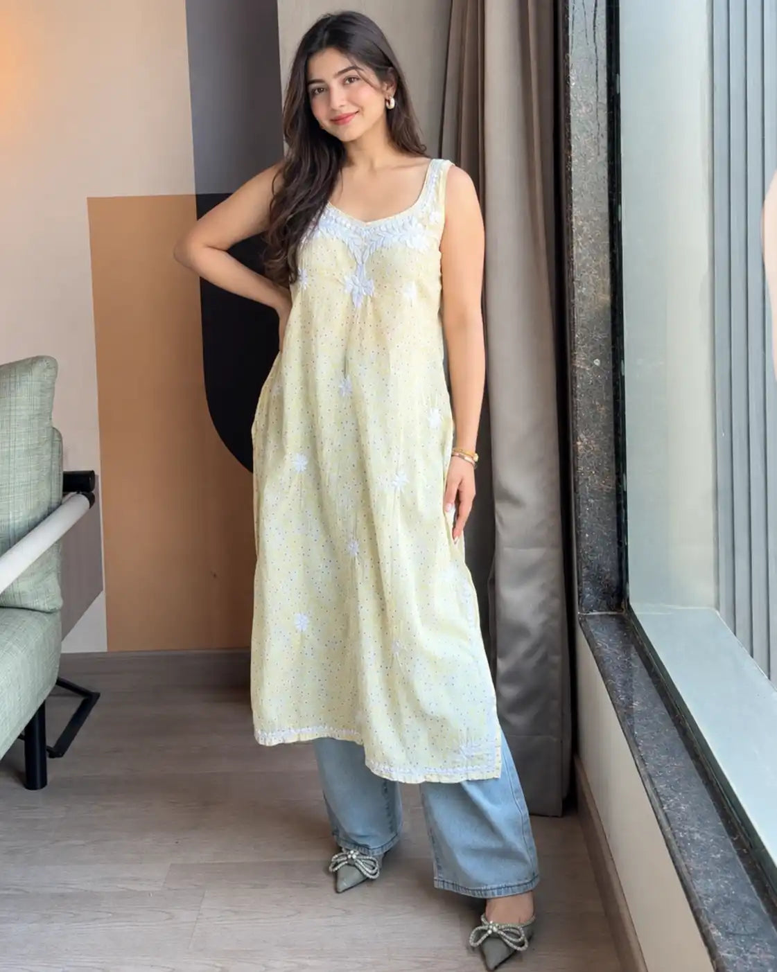Aarohi Pure Mul Cotton Noodles Strap Chikankari Kurta - Yellow