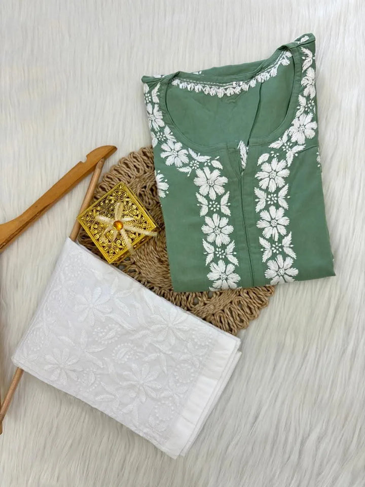 Aarvi Pure Modal Fabric Premium Chikankari Kurtas Set - Green