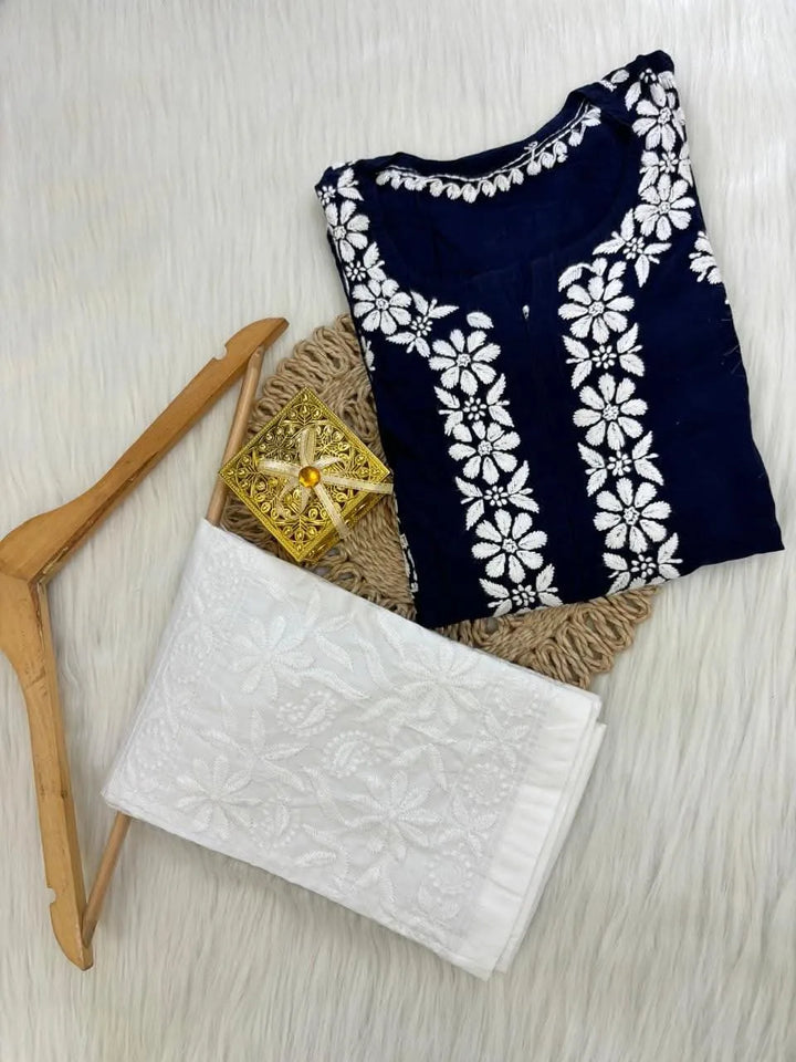 Aarvi Pure Modal Fabric Premium Chikankari Kurtas Set - Navy Blue