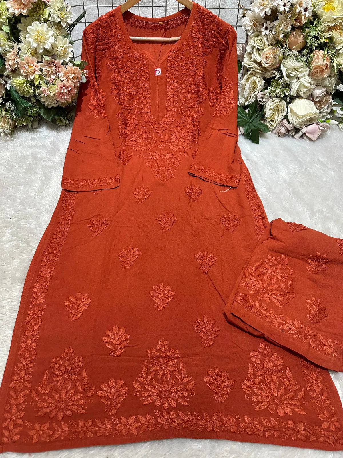 Aashi Pure Modal Chikankari Kurta Set - Brick Orange