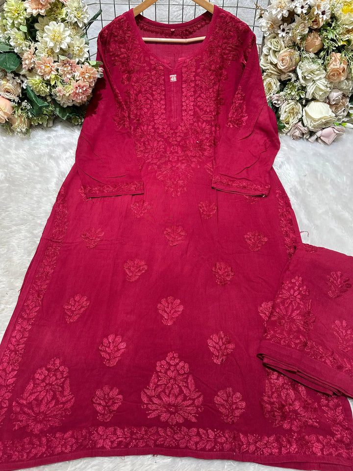 Aashi Pure Modal Chikankari Kurta Set – Deep Maroon