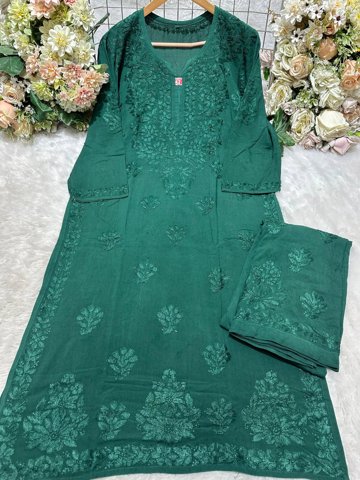 Aashi Pure Modal Chikankari Kurta Set –Deep Sea Green