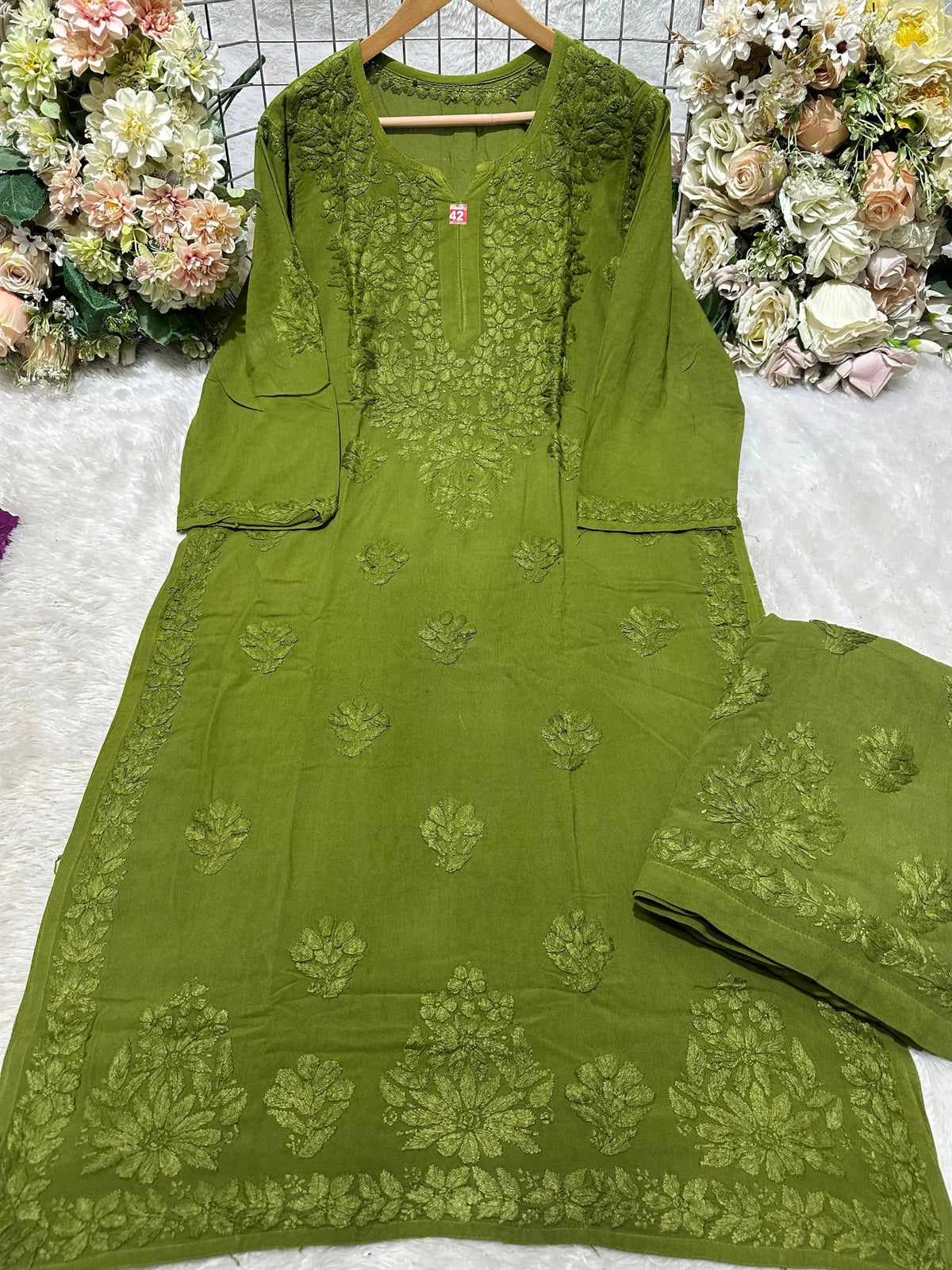 Aashi Pure Modal Chikankari Kurta Set – Olive Green
