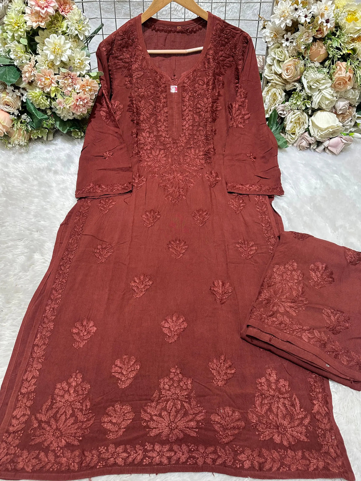Aashi Pure Modal Chikankari Kurta Set – Sanguine Brown