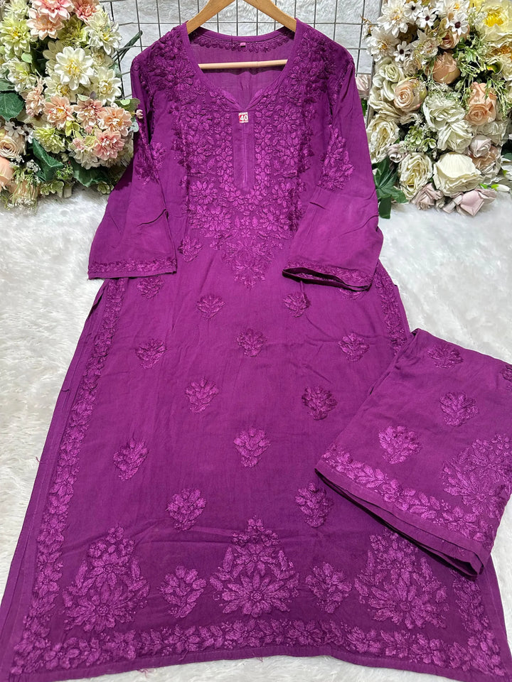 Aashi Pure Modal Chikankari Kurta Set – Warm Purple