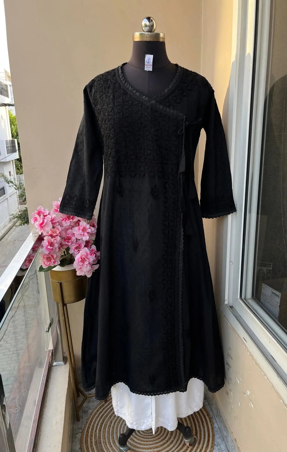 Amara Angrakha Dobby Mul Cotton Chikankari Gown - Black