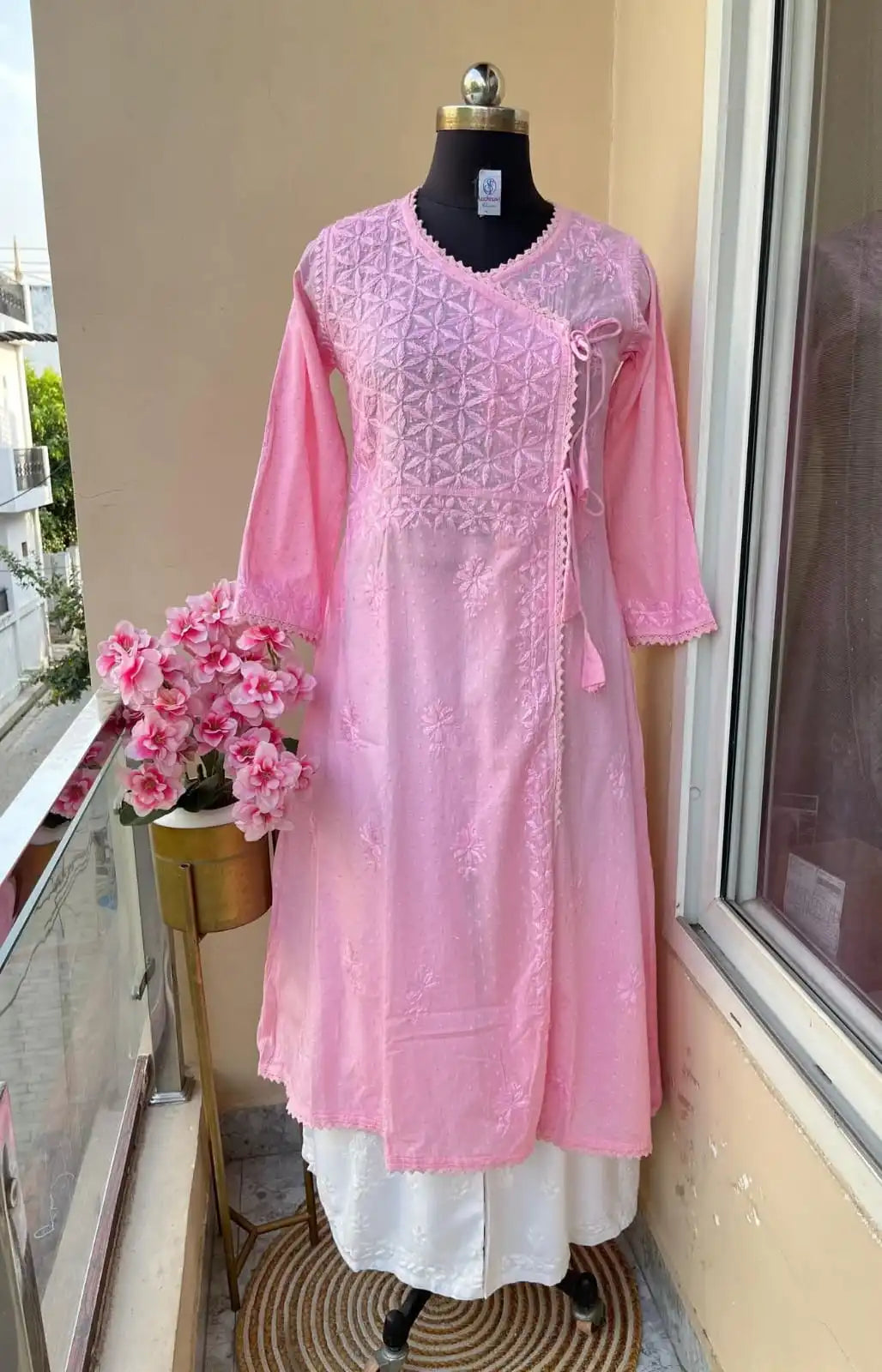 Amara Angrakha Dobby Mul Cotton Chikankari Gown - Pink