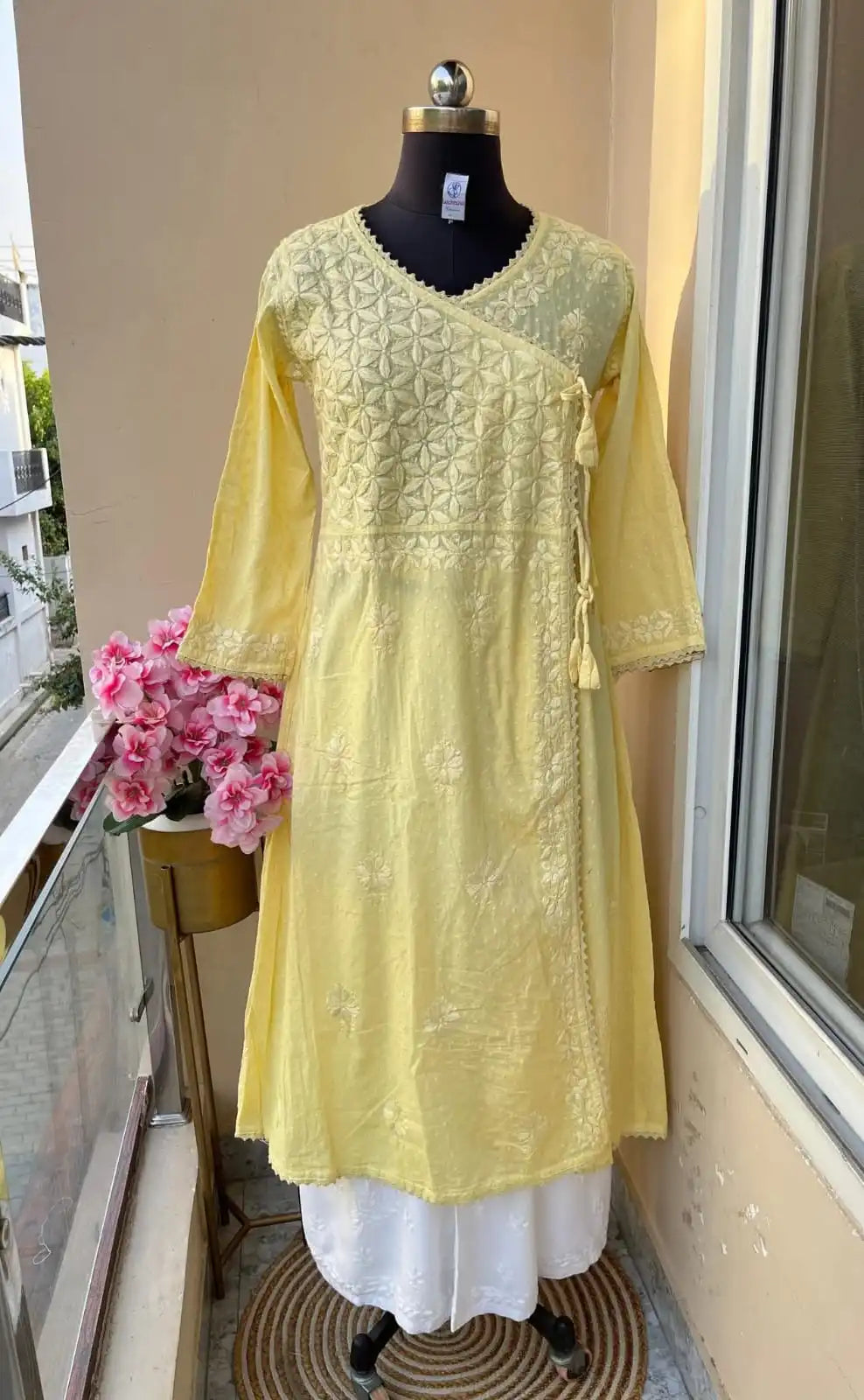 Amara Angrakha Dobby Mul Cotton Chikankari Gown - Sea Green - Light Yellow