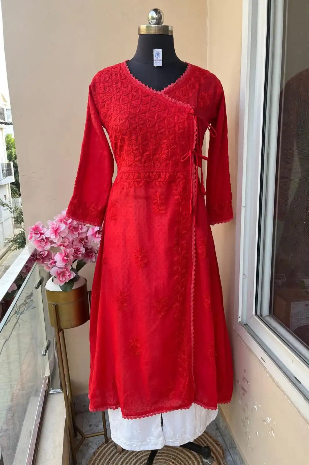 Amara Angrakha Dobby Mul Cotton Chikankari Gown - Sea Green - Red