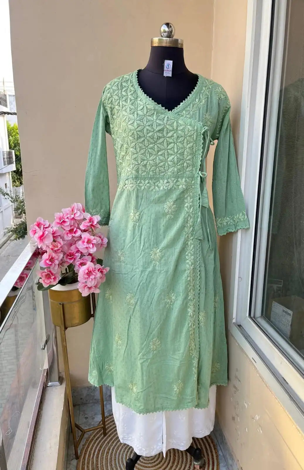 Amara Angrakha Dobby Mul Cotton Chikankari Gown - Sea Green