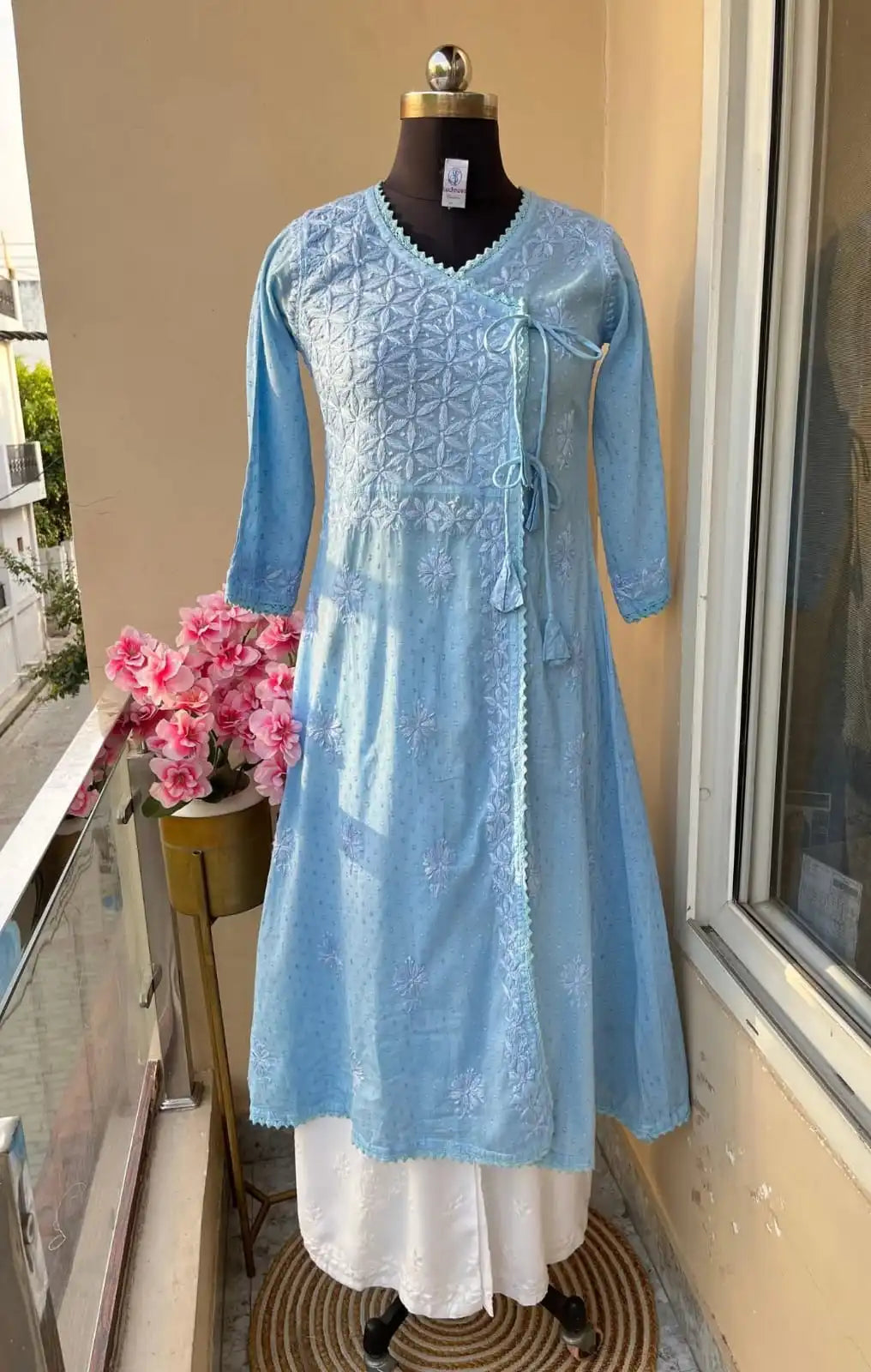 Amara Angrakha Dobby Mul Cotton Chikankari Gown - Sky Blue