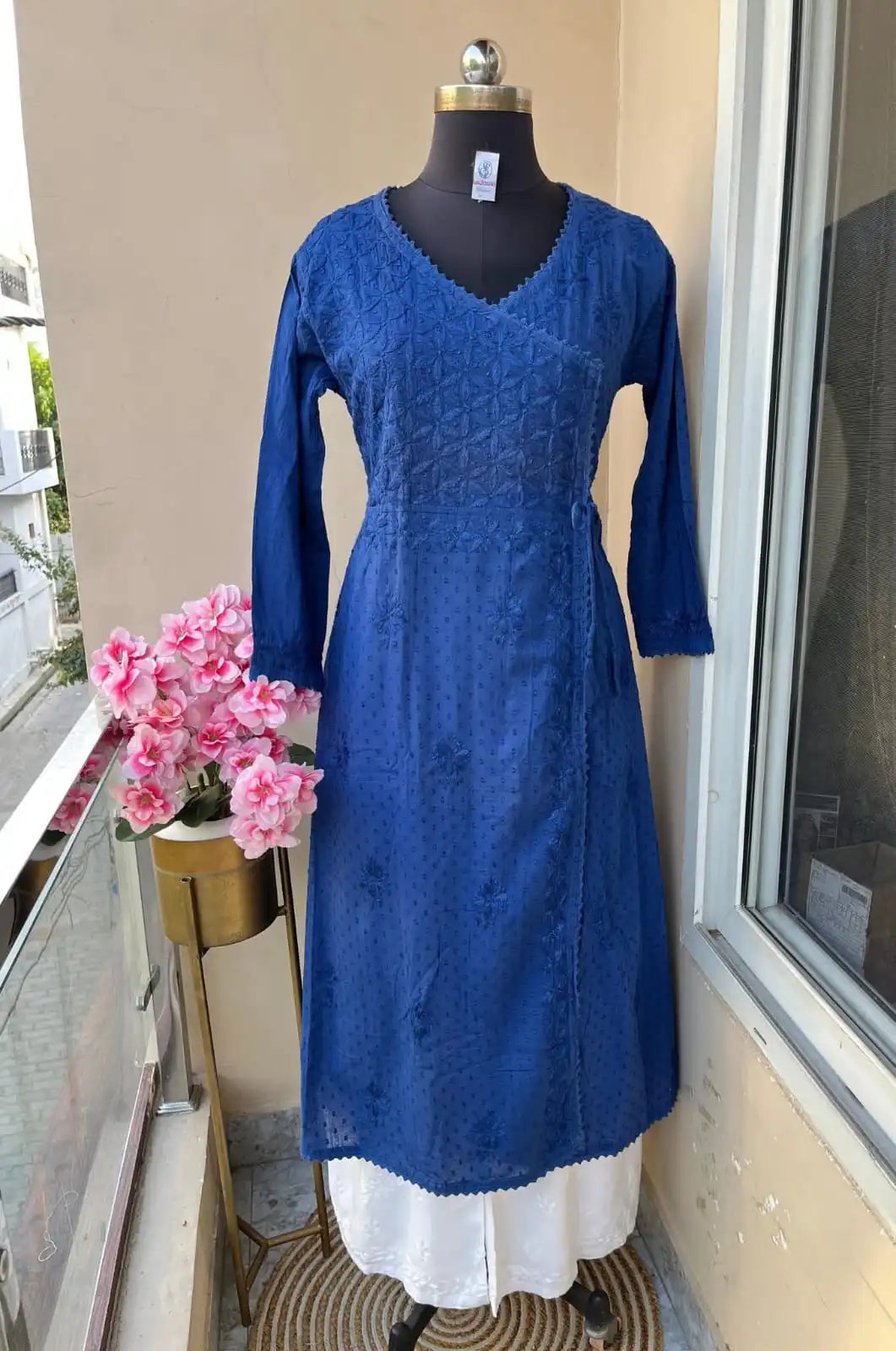 Amara Angrakha Dobby Mul Cotton Chikankari Gown - Blue