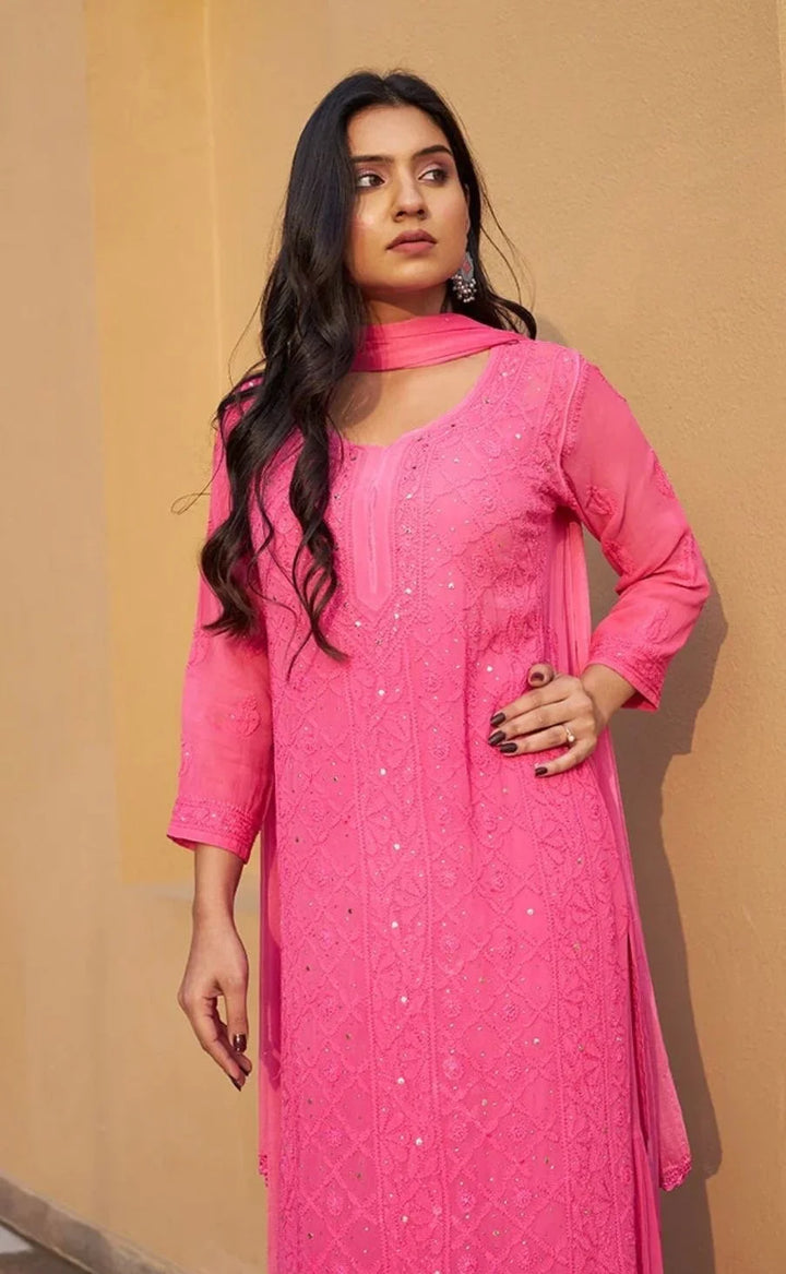 Antra Viscous  Chikankari Kurti - Festive Pink