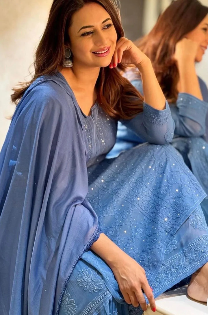 Antra Viscous Chikankari Kurti - Powder Blue