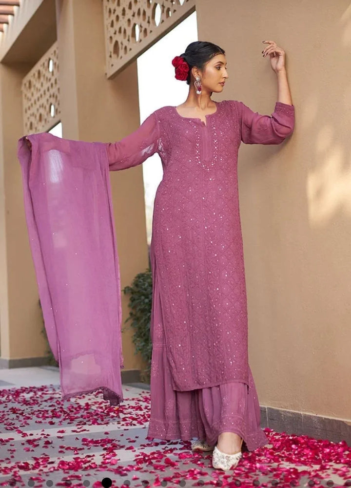Antra Viscous Festive Wear Chikankari Kurti - Onion Pink