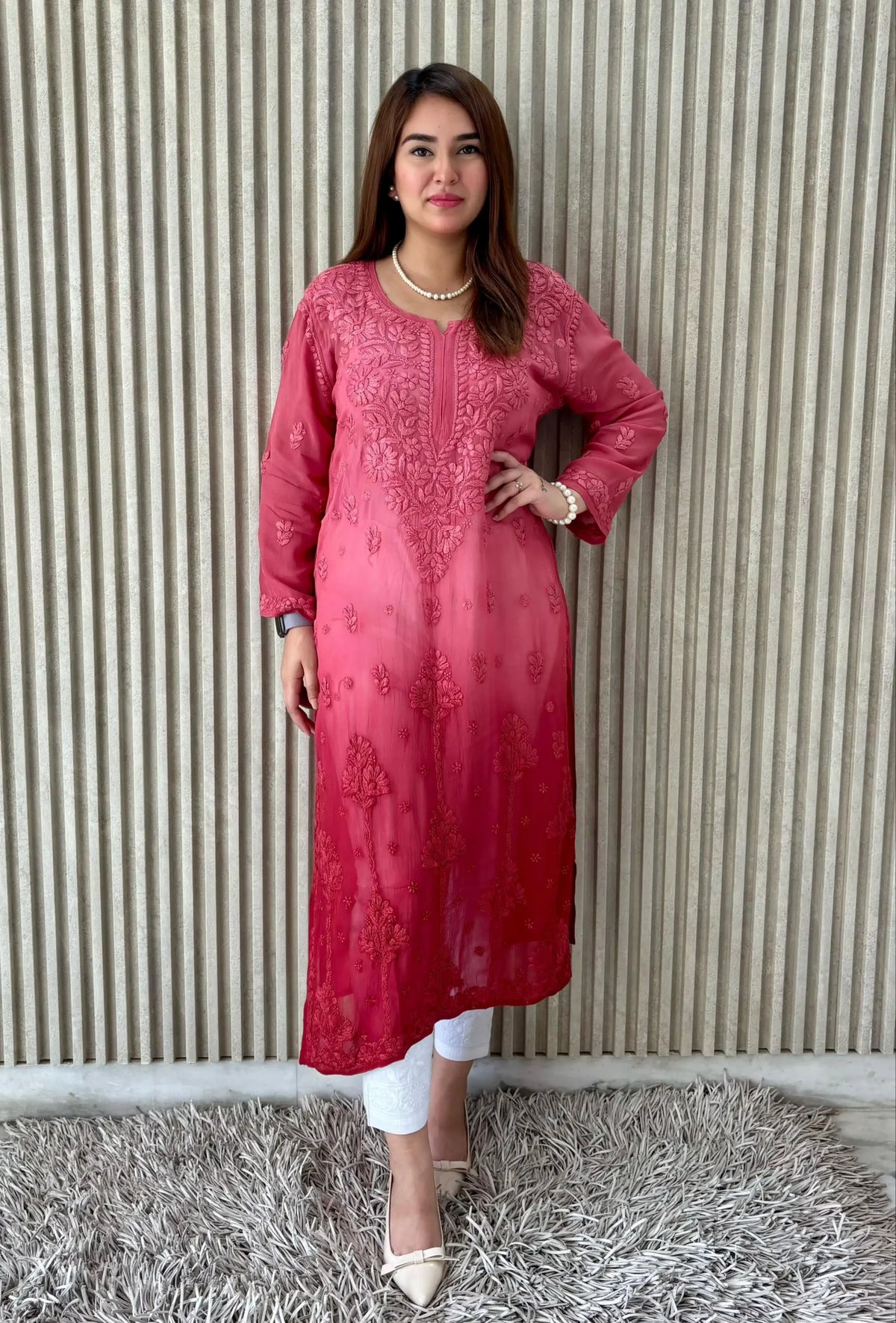 Divya Chanderi Dual Toned Chikankari Kurta – Pink