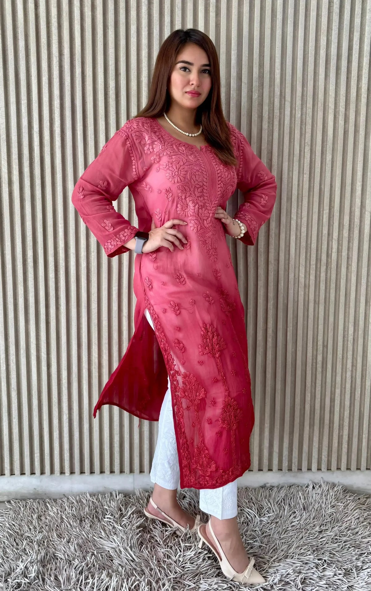 Divya Chanderi Dual Toned Chikankari Kurta – Pink