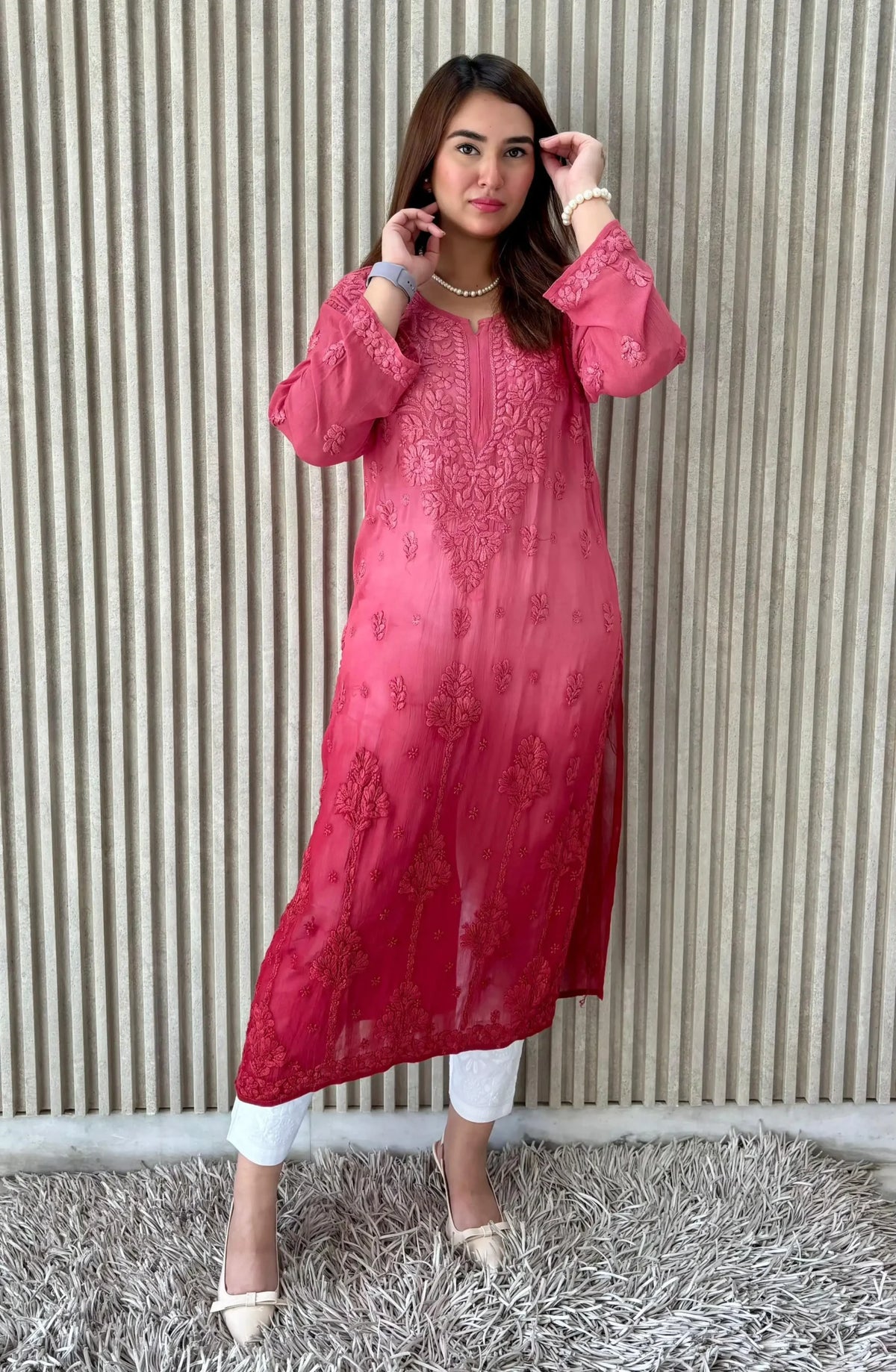 Divya Chanderi Dual Toned Chikankari Kurta – Pink
