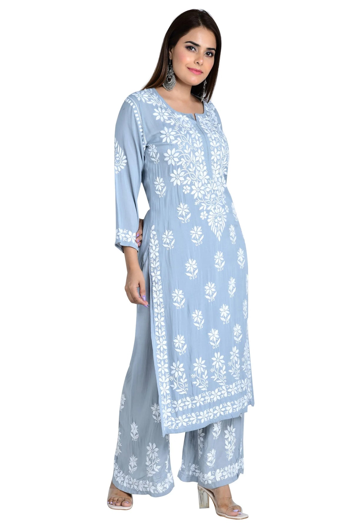 Fizaa Chikankari Co-ord Set In Modal Cotton - Grey
