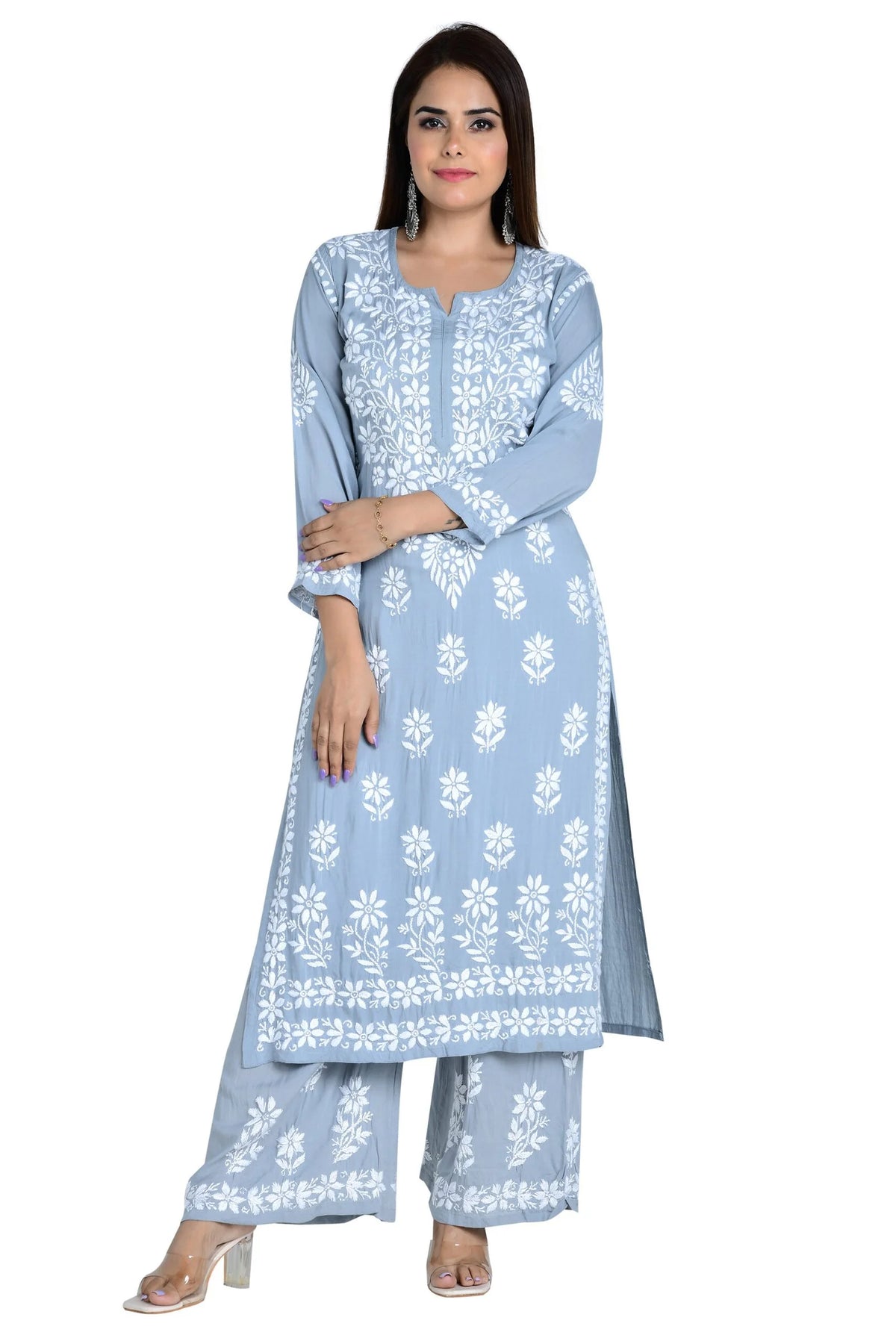 Fizaa Chikankari Co-ord Set In Modal Cotton - Grey