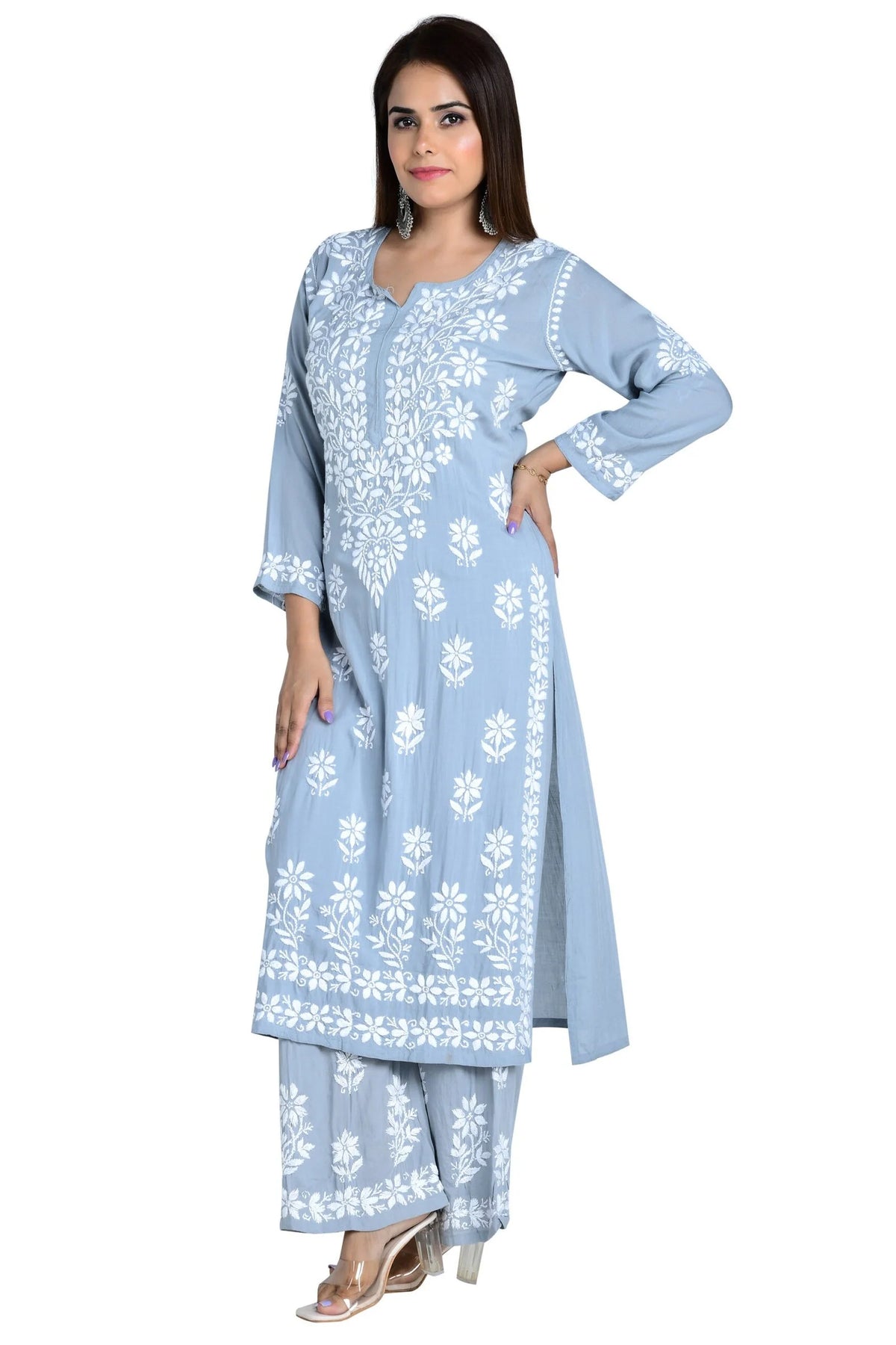 Fizaa Chikankari Co-ord Set In Modal Cotton - Grey