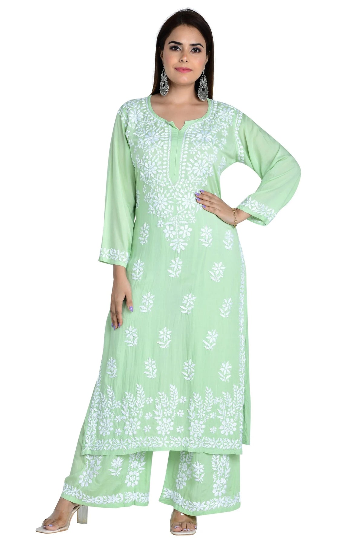 Fizaa Chikankari Co-ord Set In Modal Cotton - Pastel Green