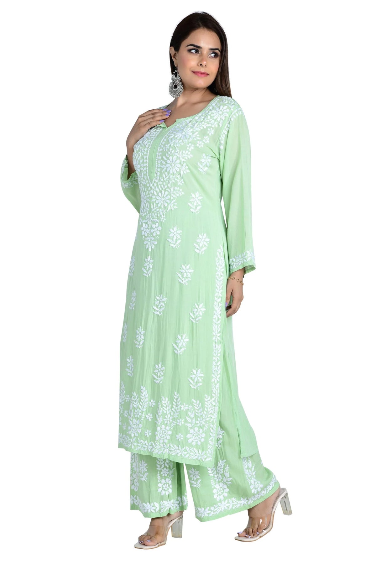 Fizaa Chikankari Co-ord Set In Modal Cotton - Pastel Green