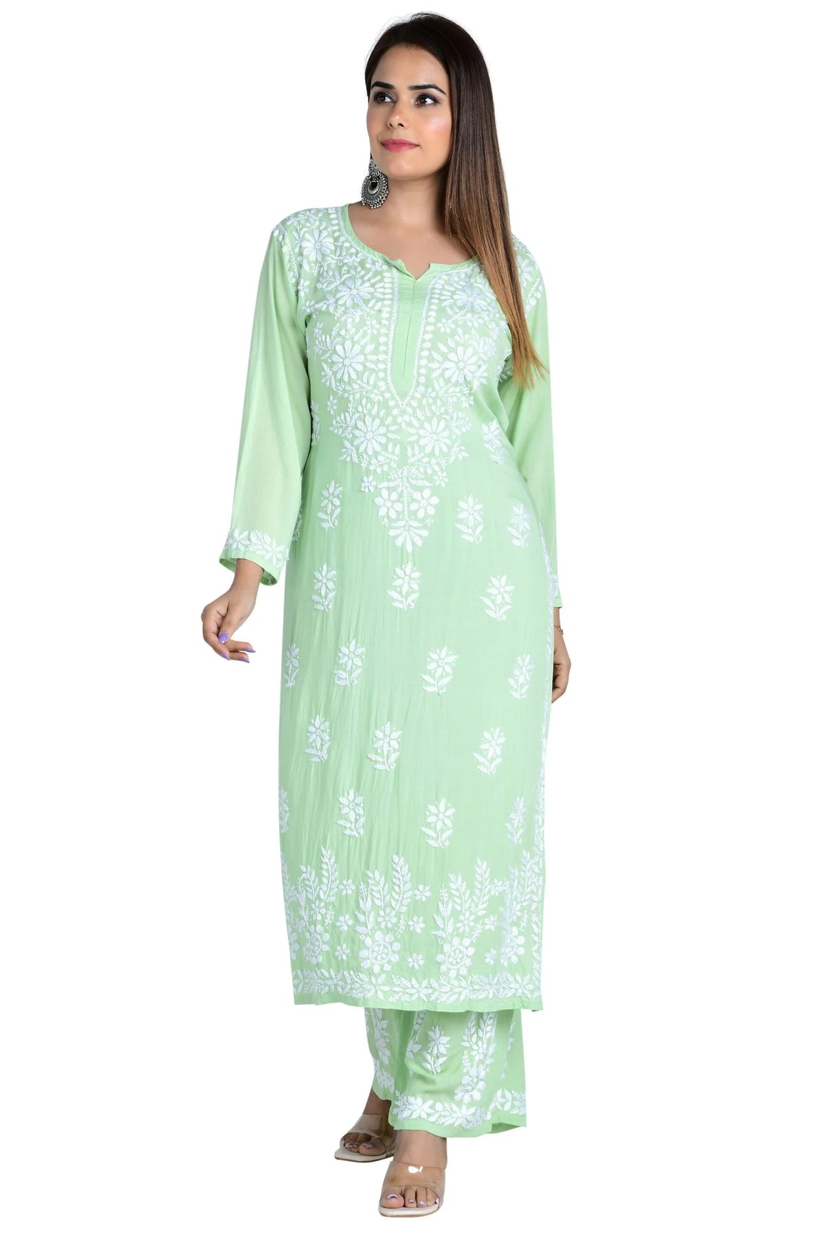 Fizaa Chikankari Co-ord Set In Modal Cotton - Pastel Green