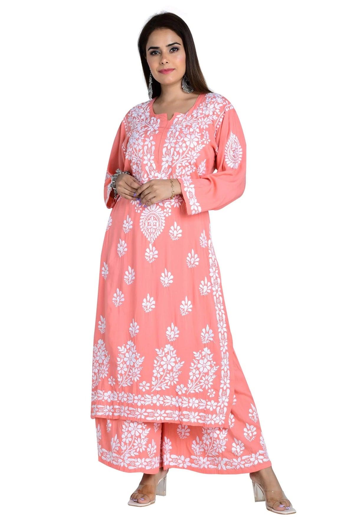 Fizaa Chikankari Co-ord Set In Modal Cotton - Peach