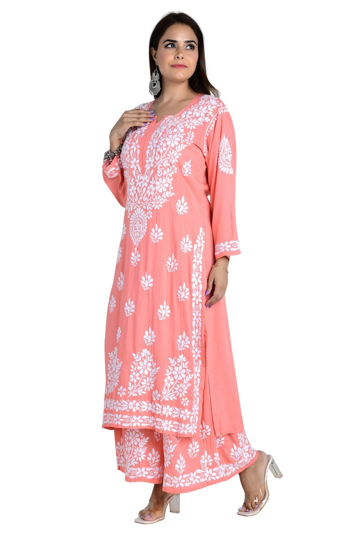Fizaa Chikankari Co-ord Set In Modal Cotton - Peach