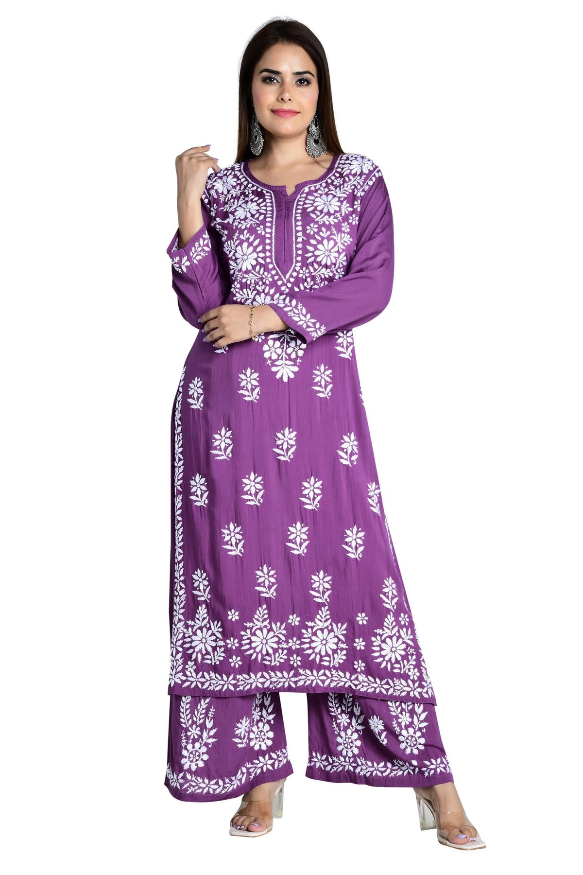Fizaa Chikankari Co-ord Set In Modal Cotton - Purple