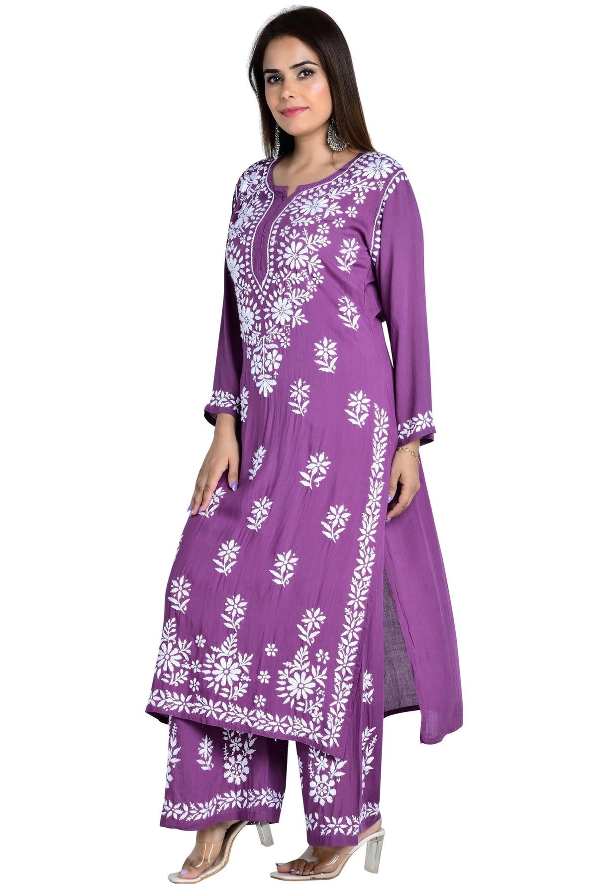 Fizaa Chikankari Co-ord Set In Modal Cotton - Purple