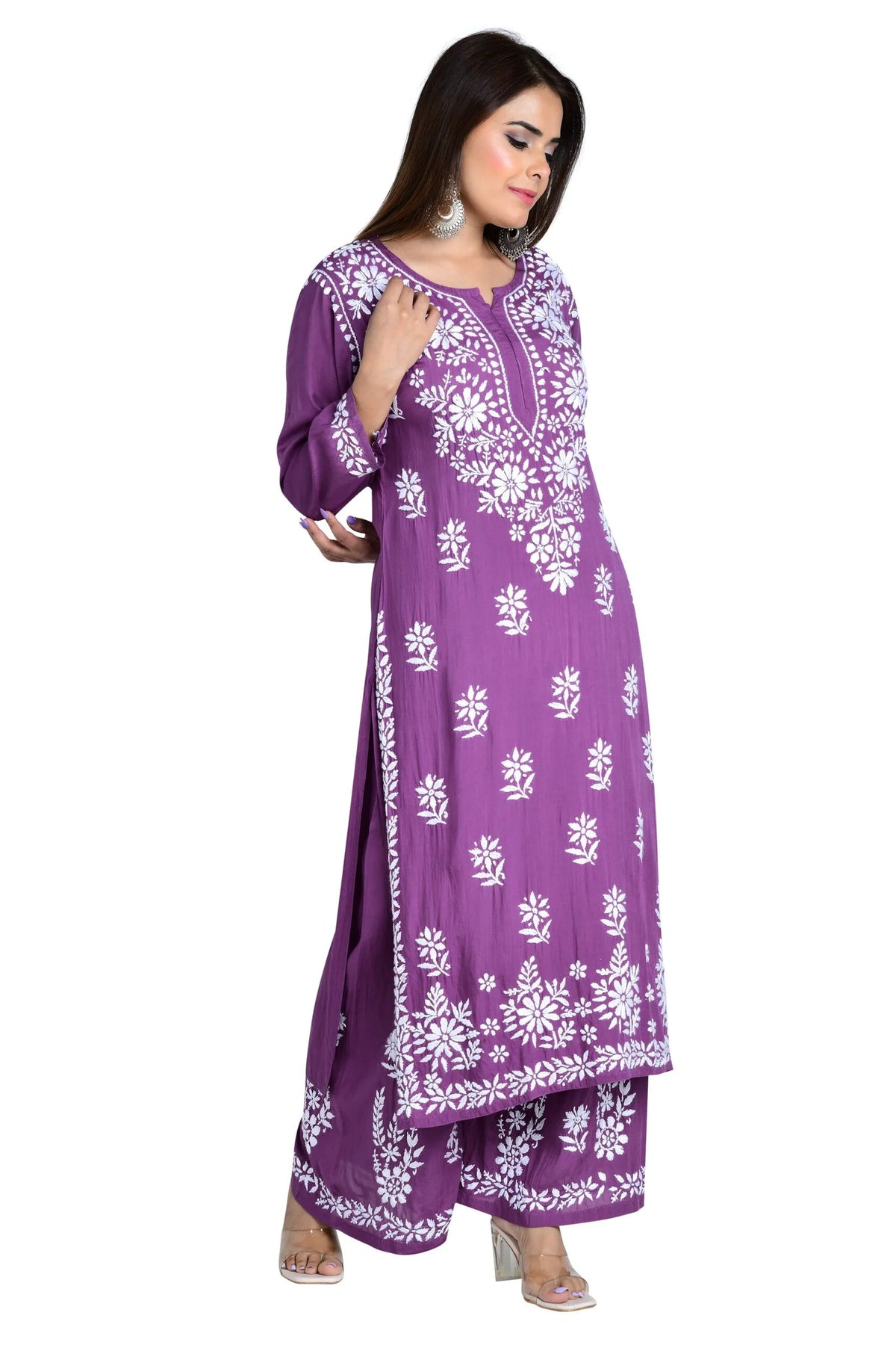 Fizaa Chikankari Co-ord Set In Modal Cotton - Purple