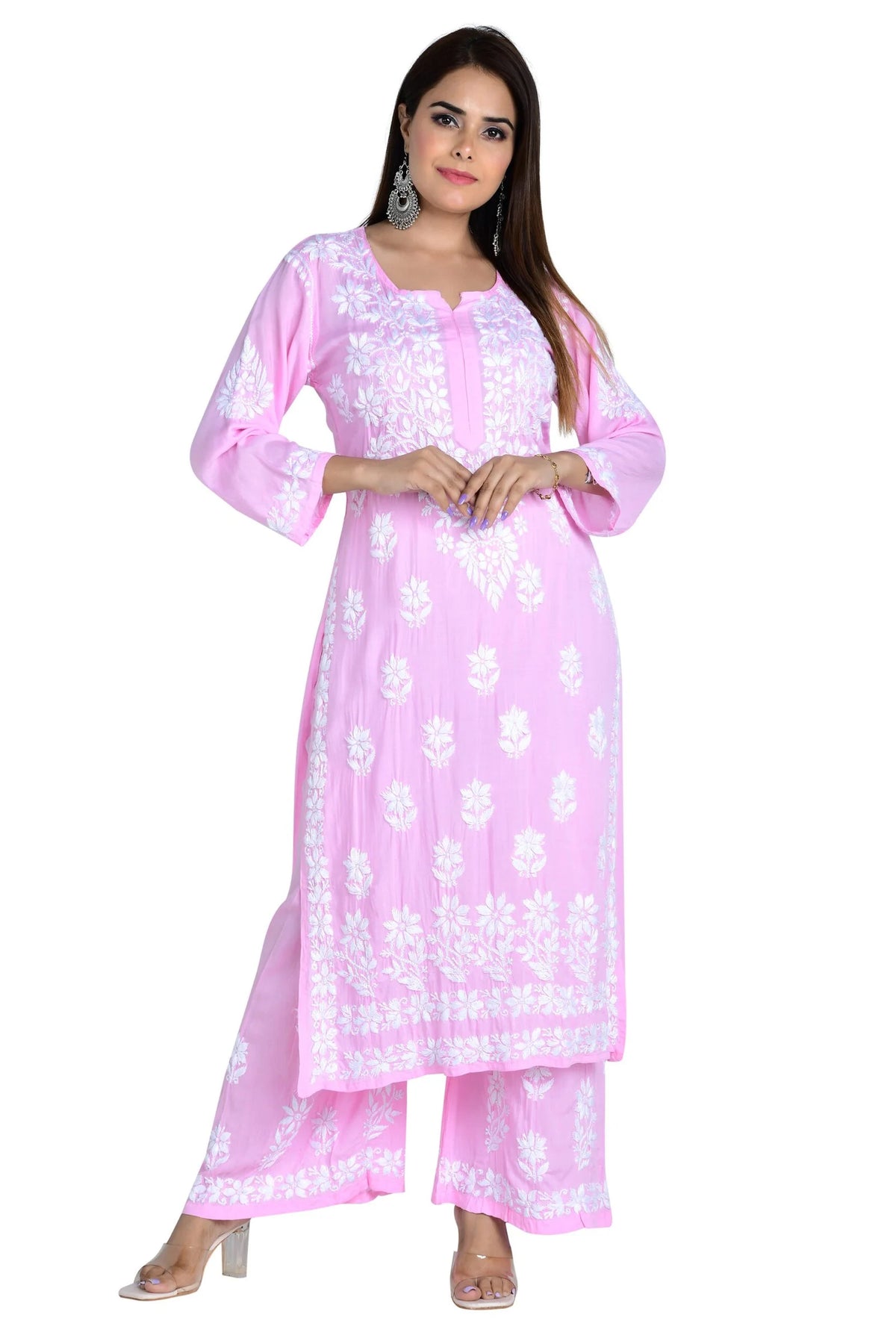 Fizaa Chikankari Co-ord Set In Modal Cotton - Rose