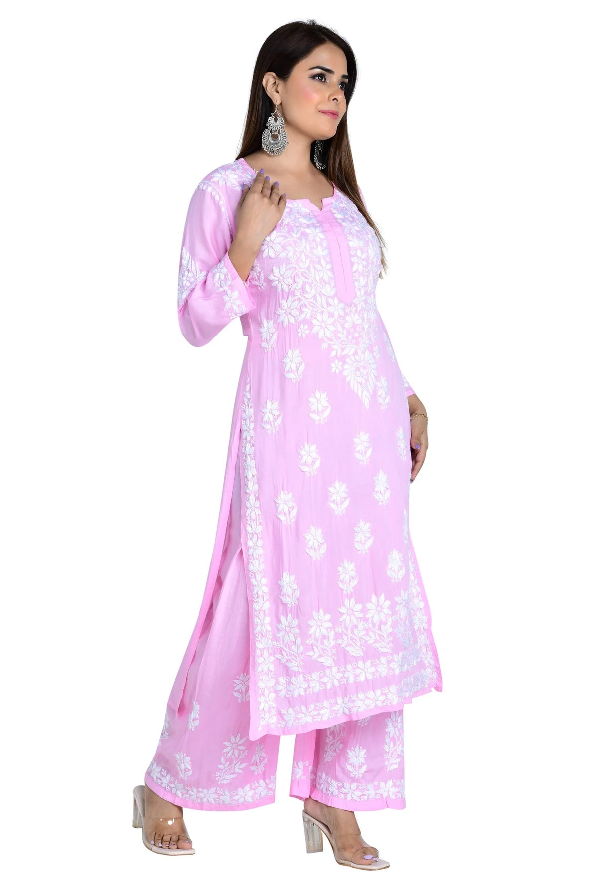 Fizaa Chikankari Co-ord Set In Modal Cotton - Rose