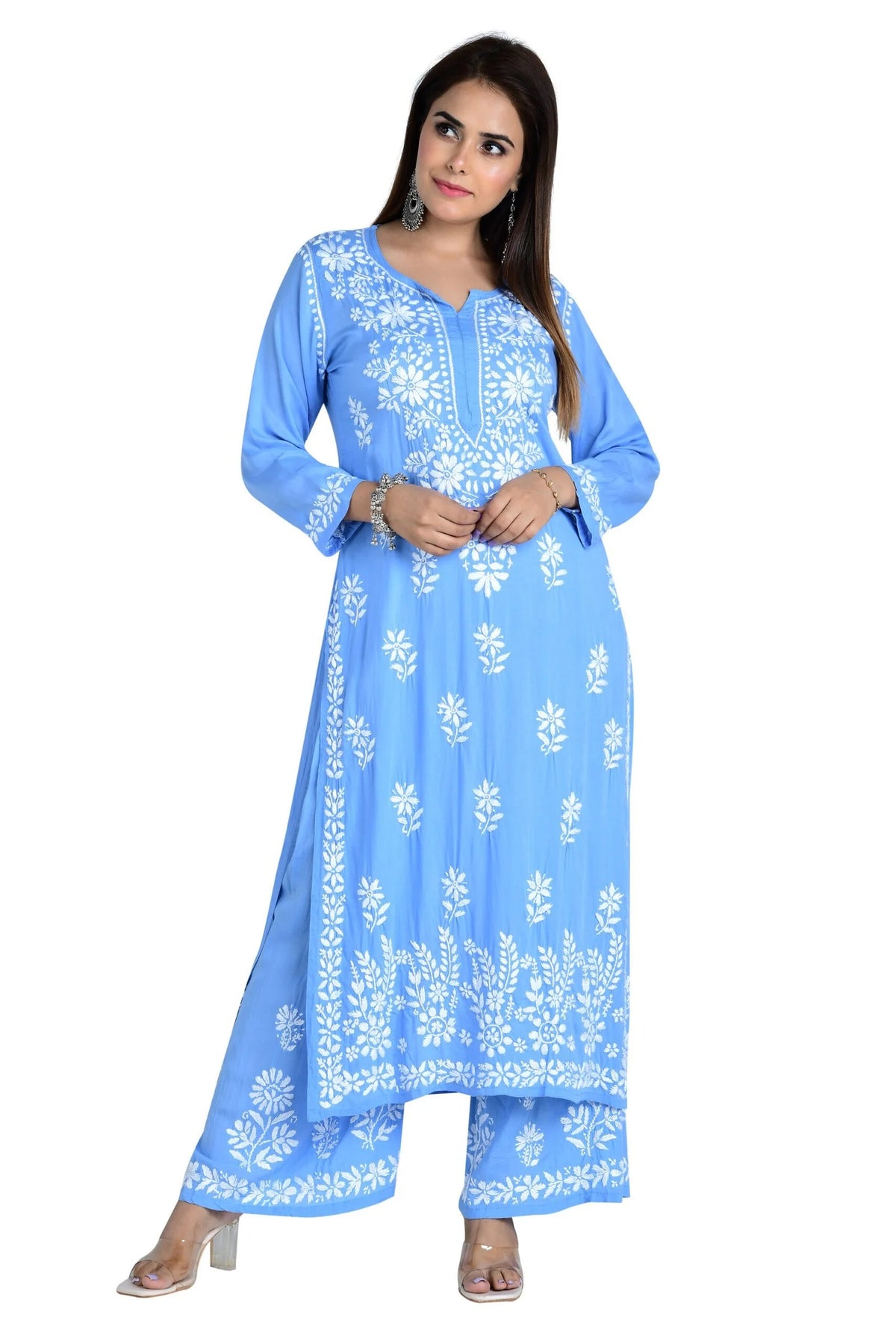 Fizaa Chikankari Co-ord Set In Modal Cotton - Sky Blue