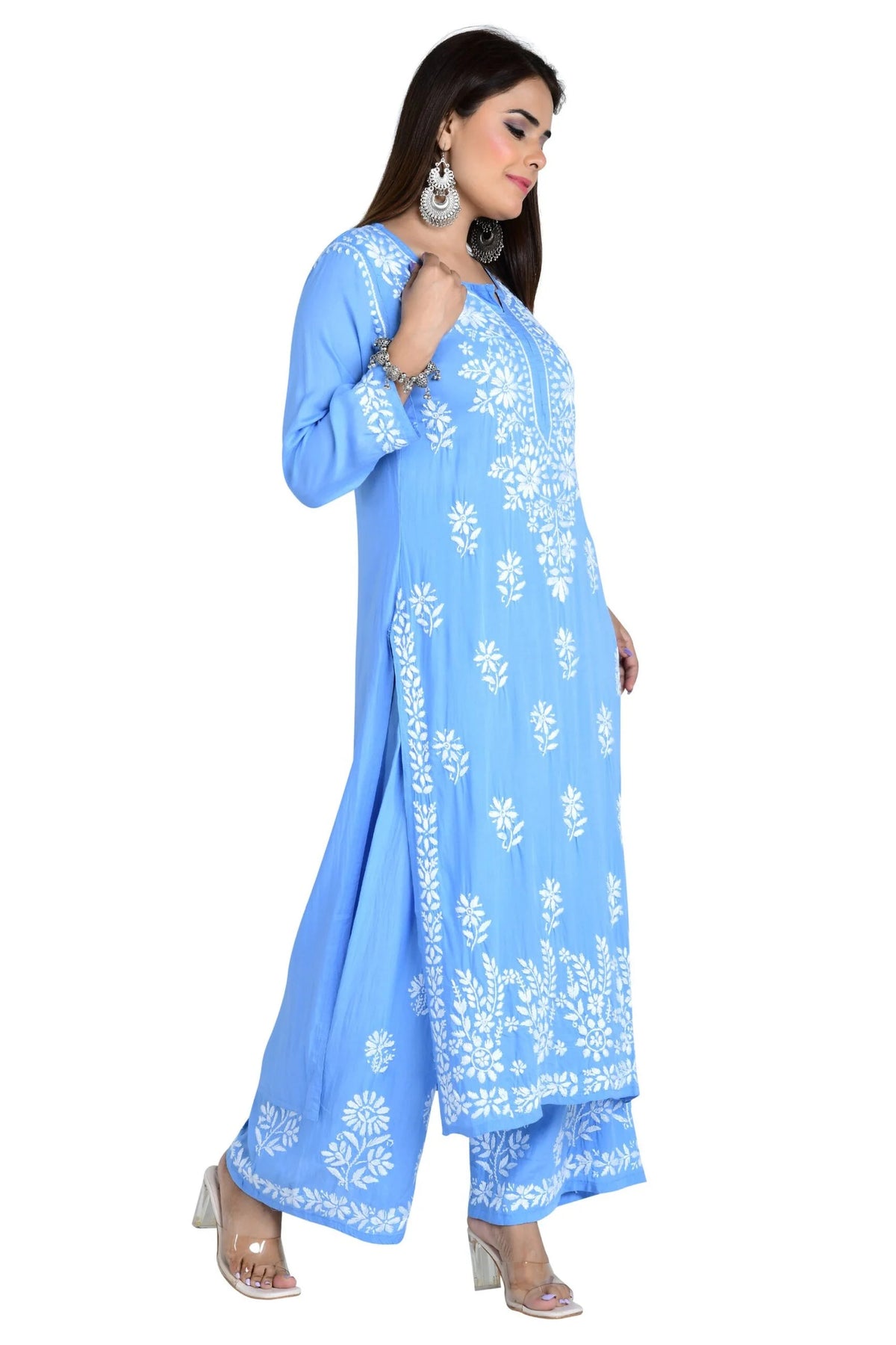 Fizaa Chikankari Co-ord Set In Modal Cotton - Sky Blue