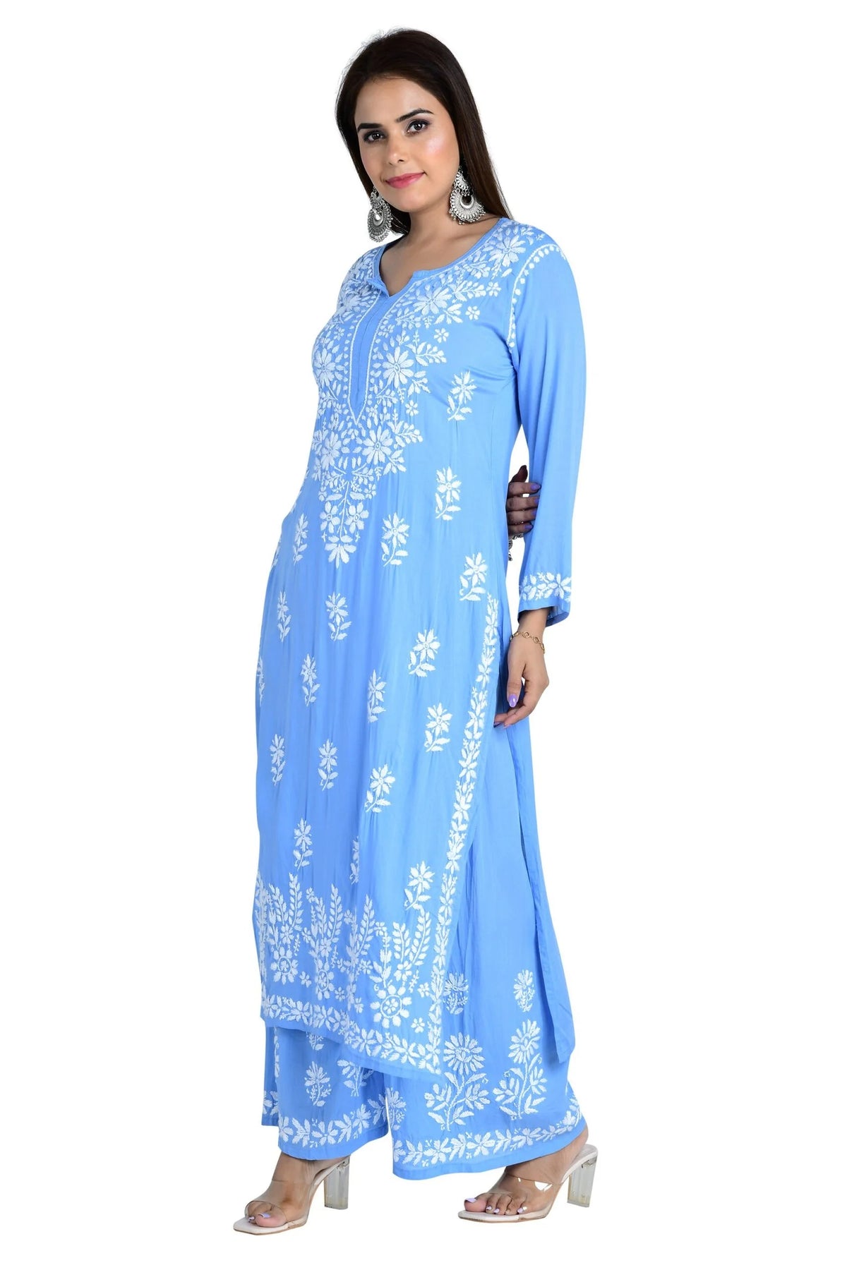Fizaa Chikankari Co-ord Set In Modal Cotton - Sky Blue