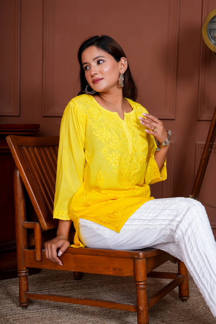 Geet Rayon Cotton Short Chikankari Kurta – Yellow