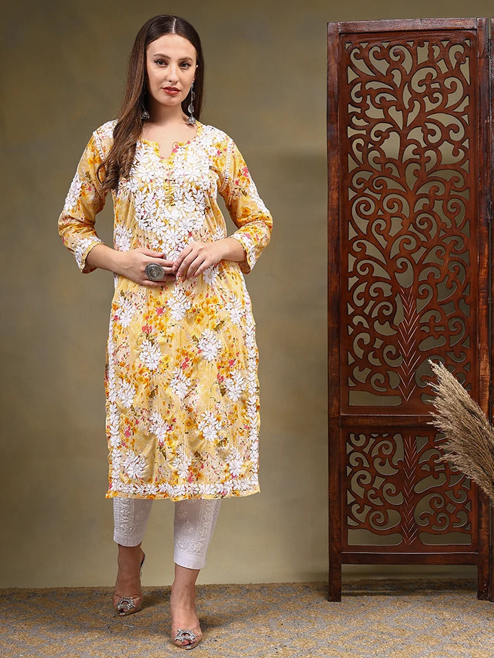 Haya Pure Mulmul Cotton Floral 3D Chikankari Straight Kurti - Yellow