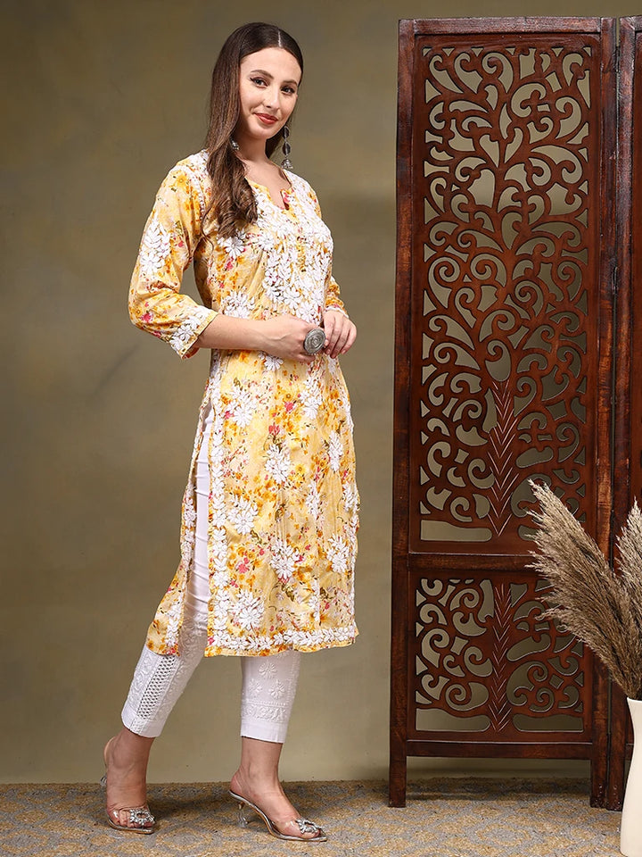 Haya Pure Mulmul Cotton Floral 3D Chikankari Straight Kurti - Yellow