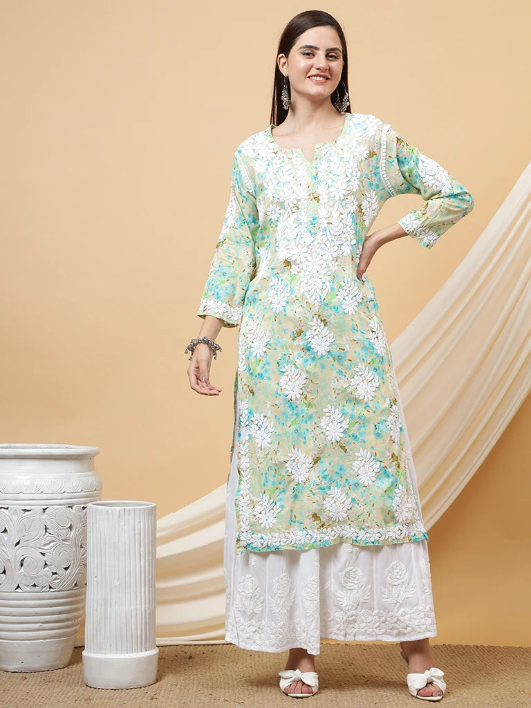 Haya Pure Mulmul Cotton Floral 3D Chikankari Straight Kurti – Green
