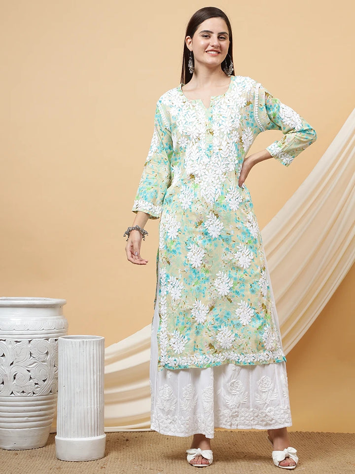 Haya Pure Mulmul Cotton Floral 3D Chikankari Straight Kurti – Green