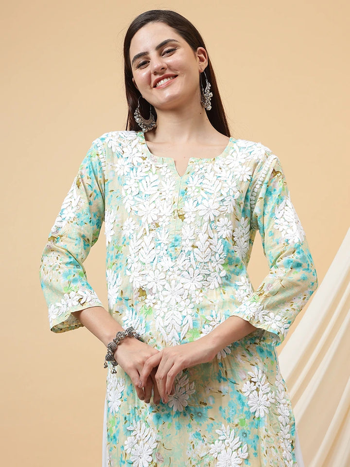 Haya Pure Mulmul Cotton Floral 3D Chikankari Straight Kurti – Green