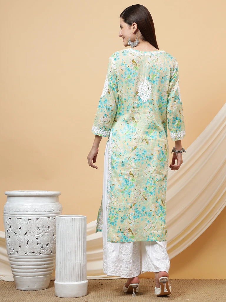 Haya Pure Mulmul Cotton Floral 3D Chikankari Straight Kurti – Green