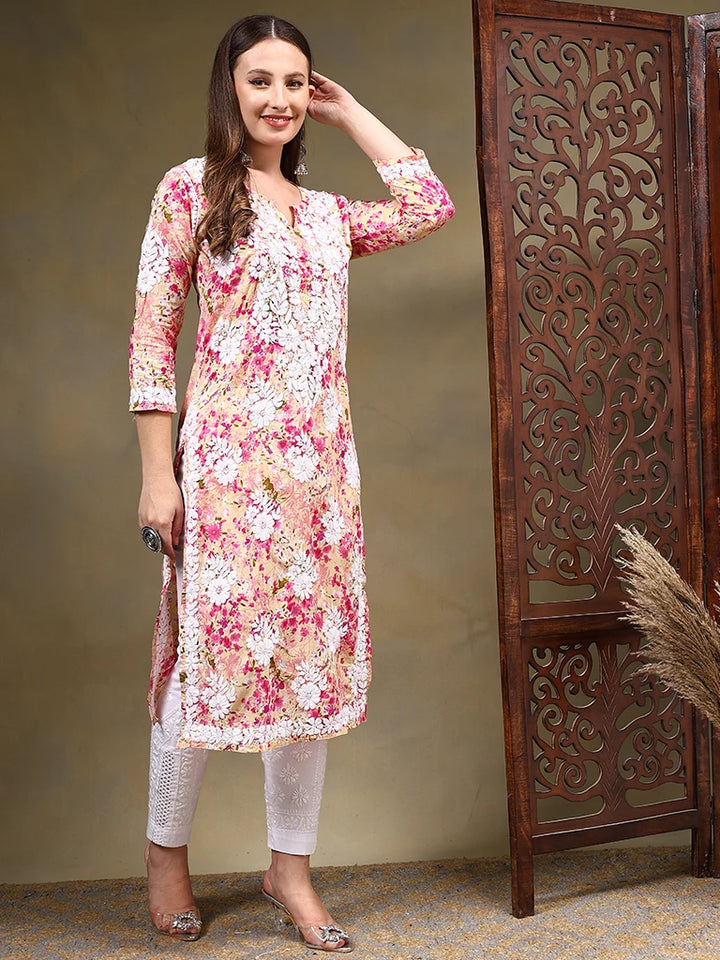 Haya Pure Mulmul Cotton Floral 3D Chikankari Straight Kurti – Pink