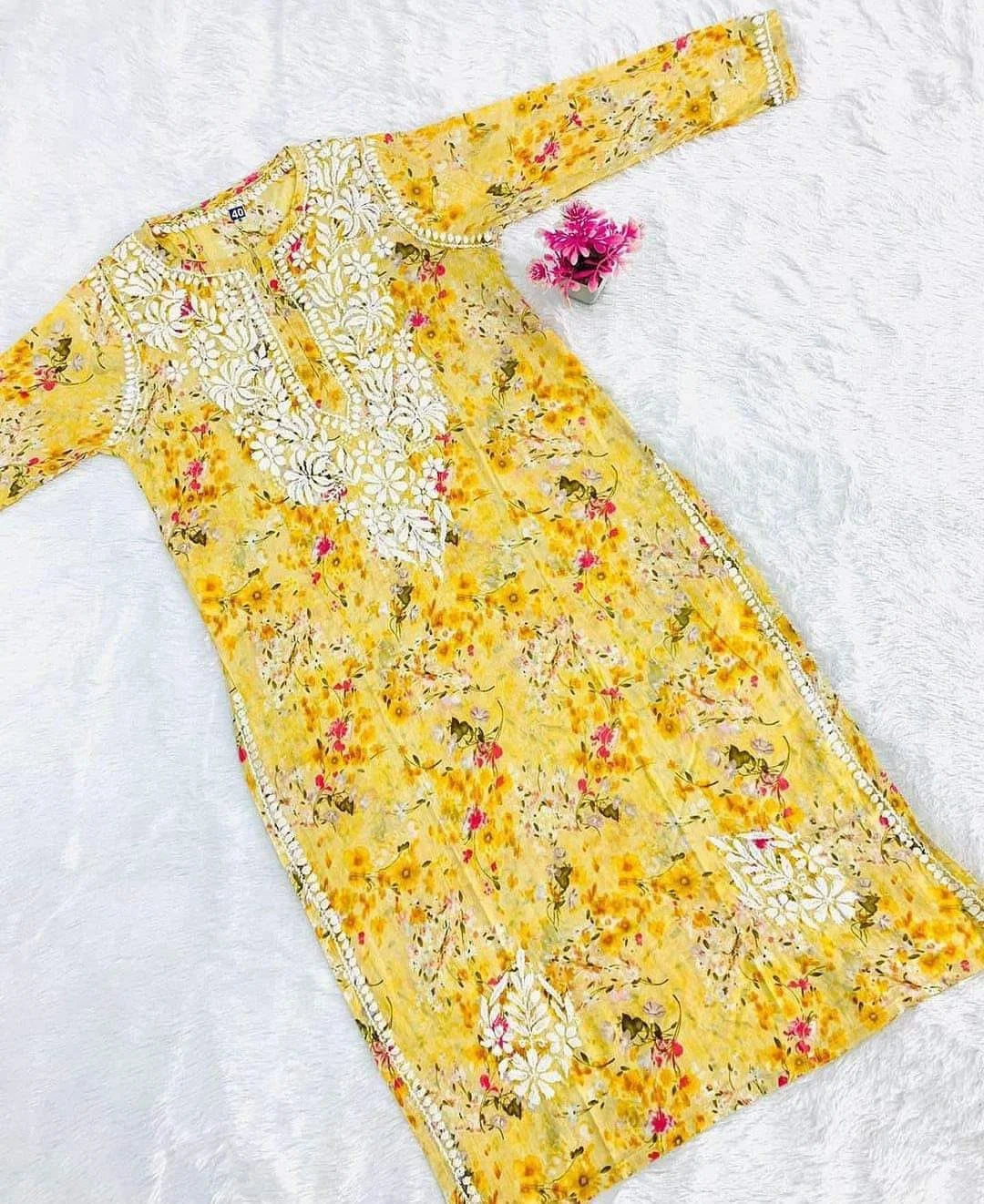 Heer Pure Mulmul Cotton Chikankari Straight Kurta - Yellow
